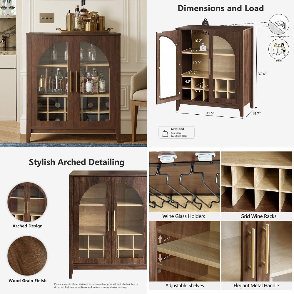 Glass Cabinet Display - ตู้เก็บของทรงสูง ตู้เก็บของแบบมีลายร่องพร้อมประตูกระจก ตู้เก็บอาหารในครัวไม้ ชั้นวางปรับระดับได้ ดีไซน์ทันสมัย