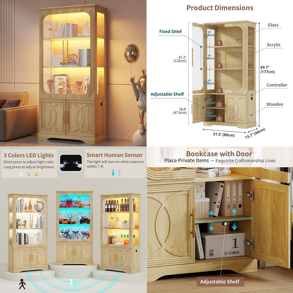 Glass Cabinet Display - ตู้โชว์กระจกพร้อมชั้นวางของ ตู้โชว์สมัยใหม่สำหรับของสะสม ตู้โชว์ถ้วยรางวัล สีดำ 31.5