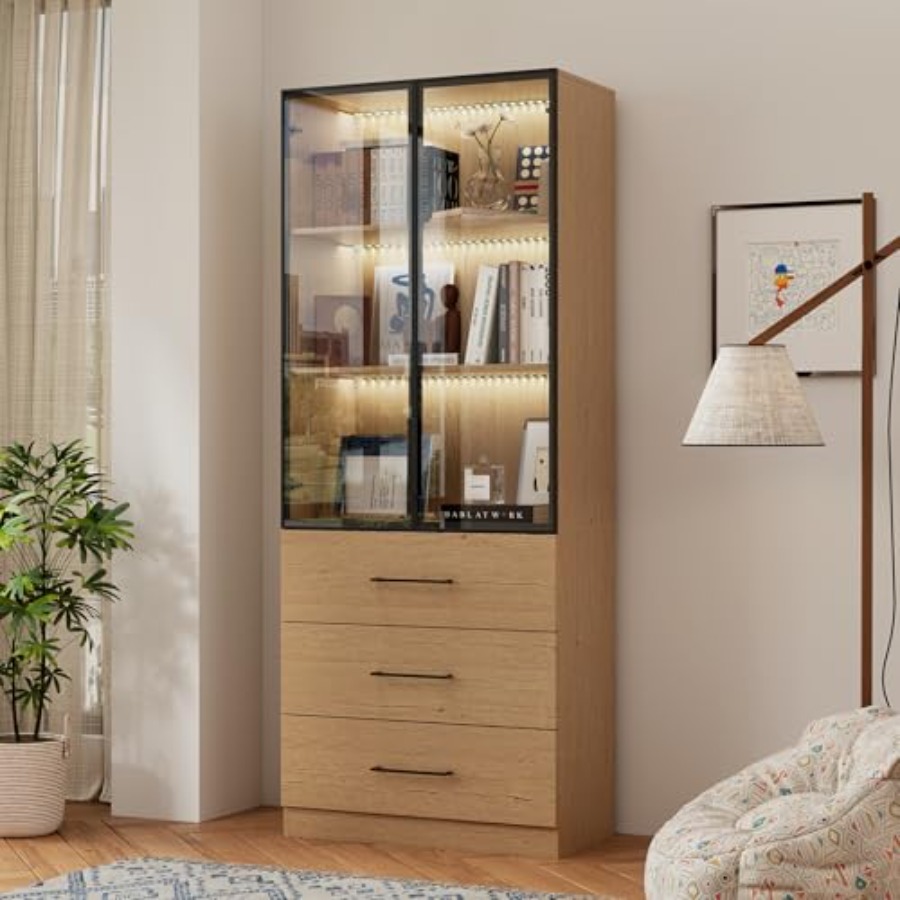 Glass Cabinet Display - ตู้โชว์หนังสือสูง 78.7 นิ้ว พร้อมไฟ LED สีธรรมชาติ