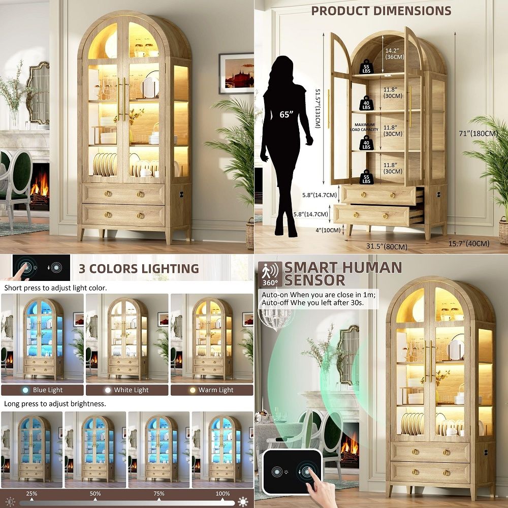 Glass Cabinet Display - ตู้โชว์ทรงโค้ง 71 ชิ้นพร้อมประตูกระจก, ตู้โชว์ 4 ชั้นและ