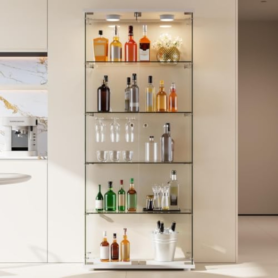 Glass Cabinet Display - ตู้โชว์ 5 ชั้นพร้อมไฟ LED และประตูคู่