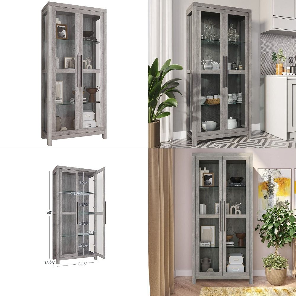 Glass Cabinet Display - ตู้โชว์กระจก, ตู้โชว์ทรงสูงพร้อมประตูกระจกนิรภัยสำหรับห้องนั่งเล่น, ตู้โชว์ถ้วยรางวัล สีเทาอวาลอน