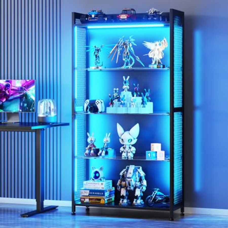 Glass Cabinet Display - ตู้โชว์พร้อมชั้นวางกระจกและไฟ RGB, ตู้โชว์ 4 ชั้น