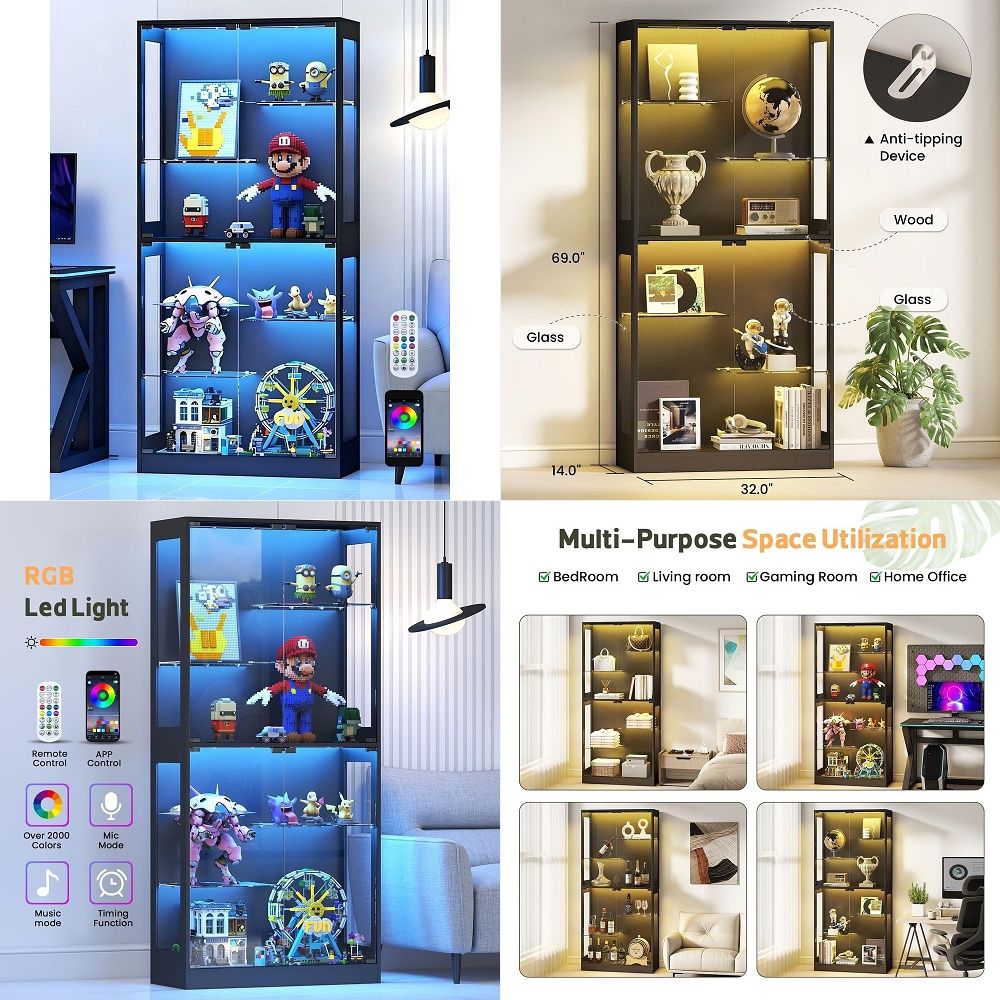 Glass Cabinet Display - ตู้โชว์กระจกบานเลื่อน 69 นิ้ว ตู้เก็บของสะสมพร้อมไฟ RGB LED
