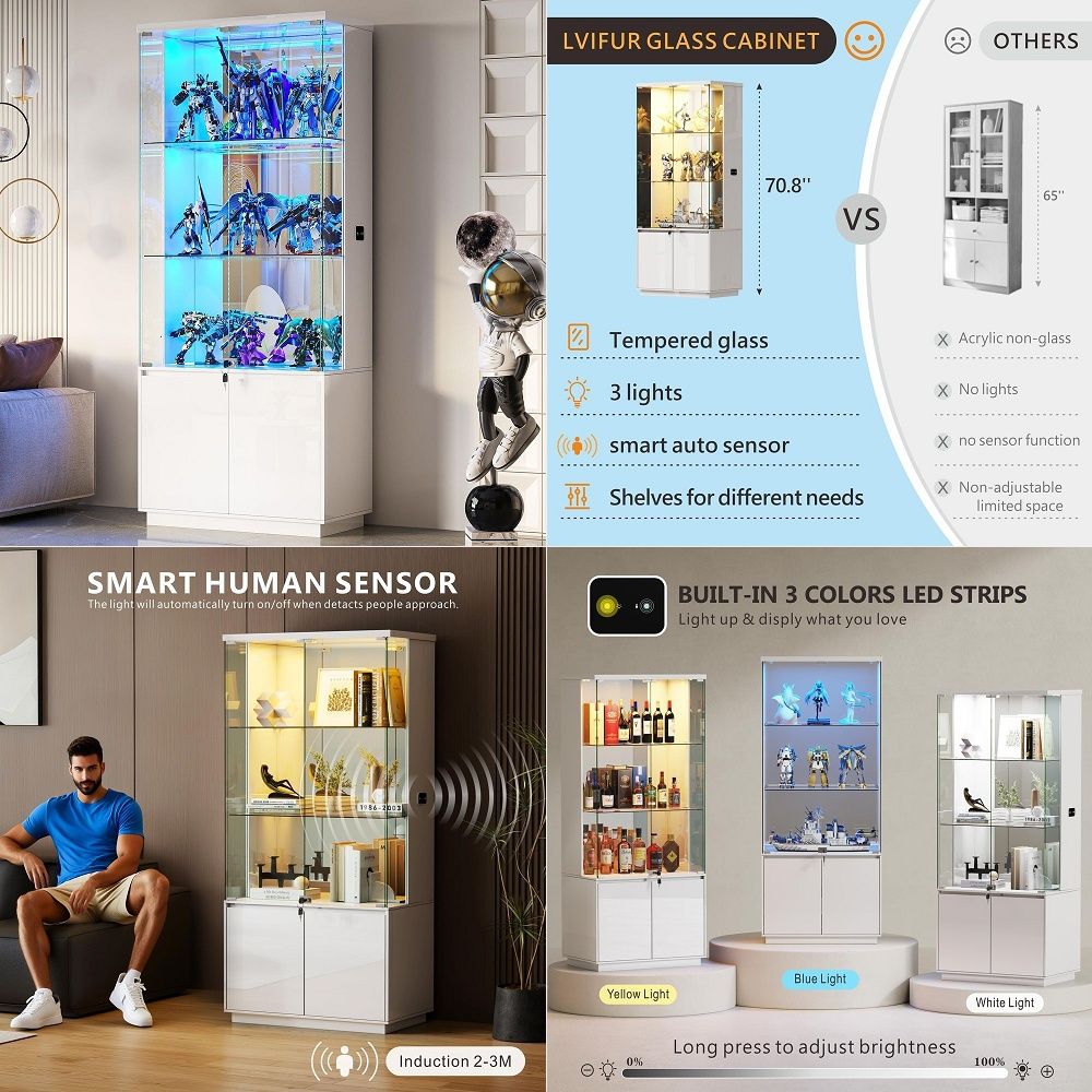 Glass Cabinet Display - ตู้โชว์สูง 71 นิ้ว พร้อมบานกระจก ตู้โชว์ของสะสมทันสมัย ตู้โชว์สำหรับของสะสม