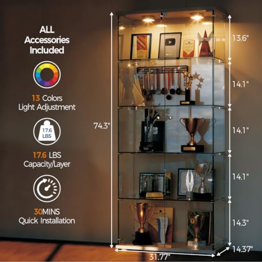 ตู้โชว์ 5 ชั้นพร้อมไฟ LED และป - Glass Cabinet Display บทวิจารณ์และราคา